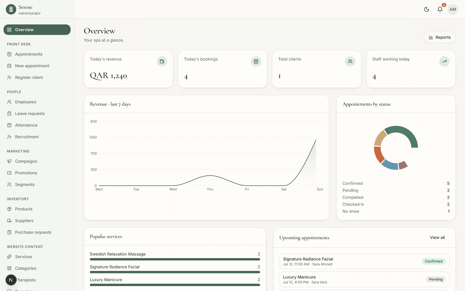 Serene staff dashboard