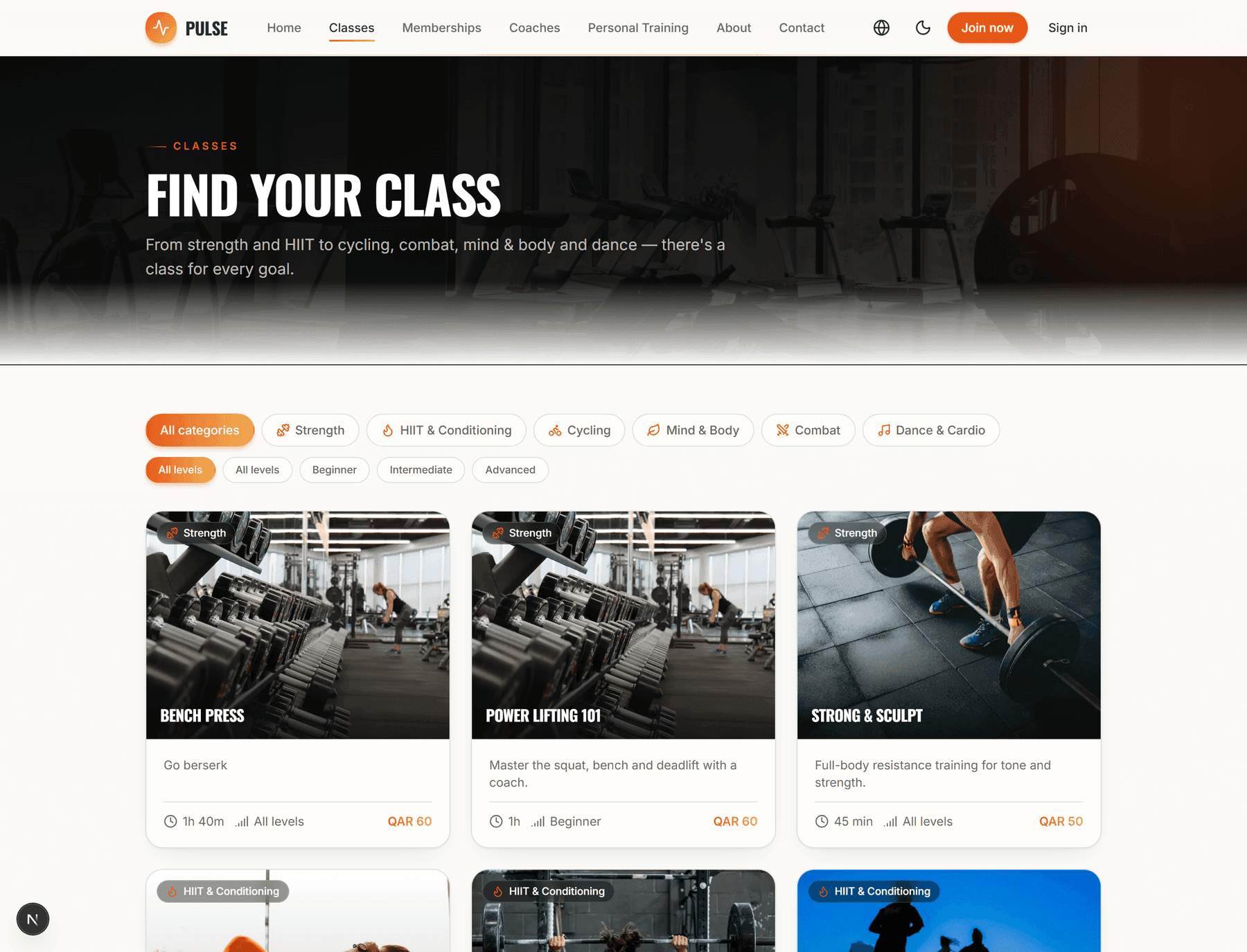 Pulse class catalogue and live timetable